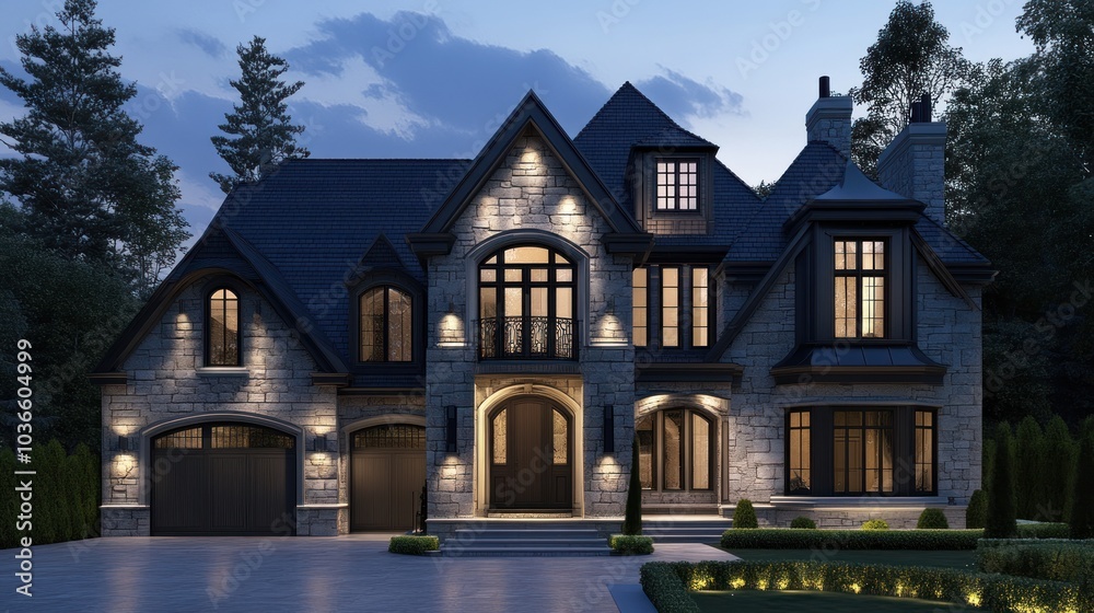 A modern luxurious two-story house with a stone facade, black windows, and a large driveway. A modern luxurious two-story house with a stone facade, black windows, and a large driveway.