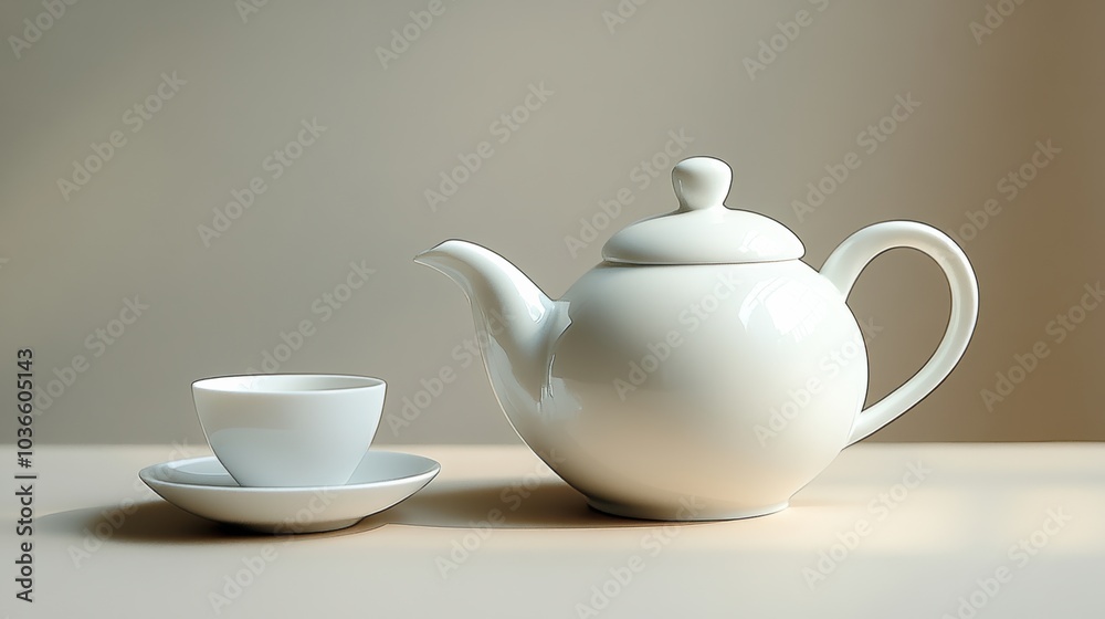 A white tea kettle sits beside a matching cup and saucer on a light wooden surface, capturing a moment of tranquility and simplicity. Generative AI