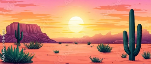 Vibrant desert landscape showcasing cacti against a stunning sunset over mountains.