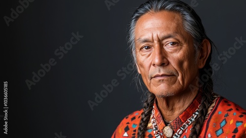 Native American man with braided hair and cultural jewelry standing in a studio, Generative AI