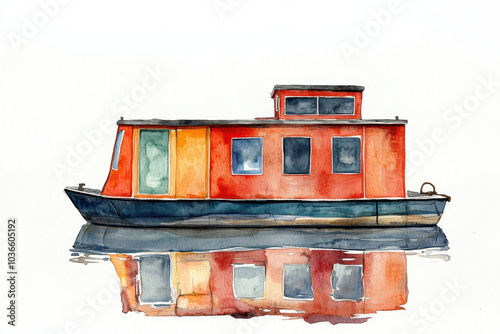 A vibrant watercolor painting of a colorful houseboat reflecting on calm water.