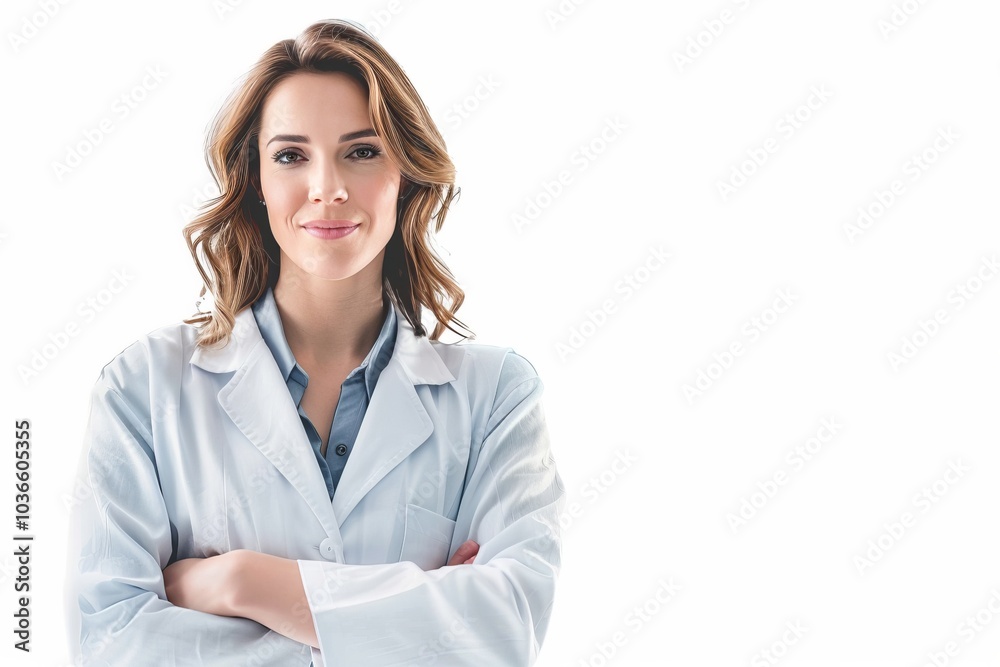Confident Female Doctor in White Lab Coat Smiling with Arms Crossed on Isolated White Background Confident Female Doctor in White Lab Coat Smiling with Arms Crossed on Isolated White Background