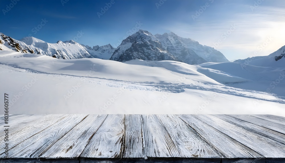 rustic white wooden table deck on snowy mountains & vibrant blue sky, product placement presentation on frozen ice winter theme rustic white wooden table deck on snowy mountains & vibrant blue sky, product placement presentation on frozen ice winter theme