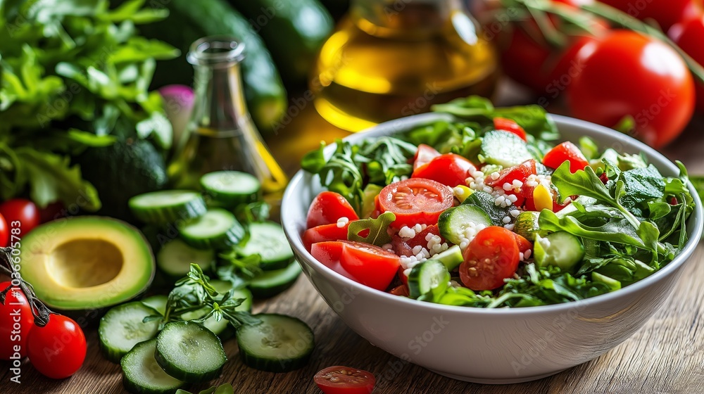 A close-up of a healthy salad bowl with fresh, colorful vegetables and grains A close-up of a healthy salad bowl with fresh, colorful vegetables and grains