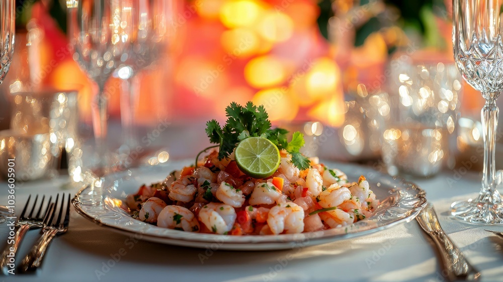 Shrimp ceviche with lime and cilantro on a white plate, set on a table with two glasses. Shrimp ceviche with lime and cilantro on a white plate, set on a table with two glasses.