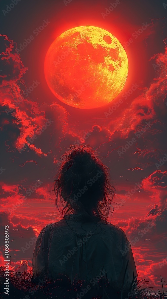 Naklejka premium Silhouette of a Woman Gazing at the Red Moon