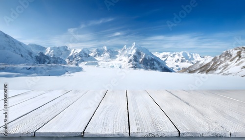 rustic white wooden table deck on snowy mountains & vibrant blue sky, product placement presentation on frozen ice winter theme photo