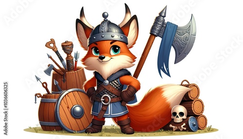 Whimsical Viking Fox Character with White Background