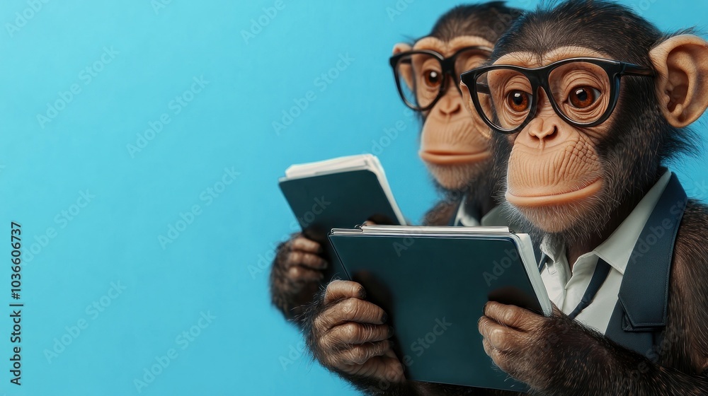 Two studious monkeys reading with glasses on Two studious monkeys reading with glasses on