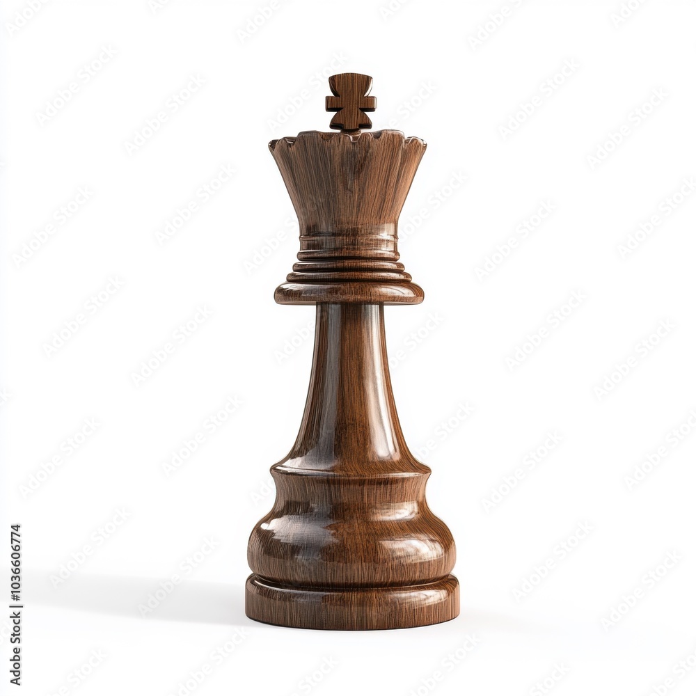 Wooden king chess piece standing upright on white background, symbolizing strategic gameplay Wooden king chess piece standing upright on white background, symbolizing strategic gameplay