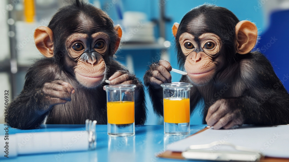 Two chimpanzees in a lab setting enjoying drinks