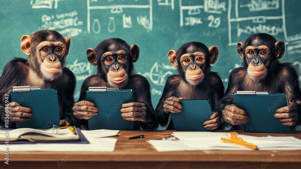 Four playful chimpanzees holding clipboards and notes