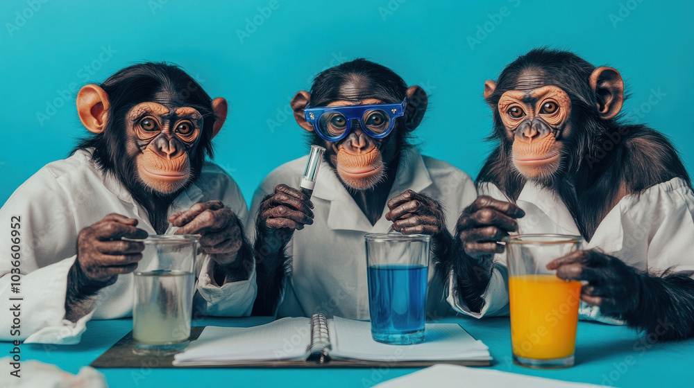 Trio of chimpanzees in lab coats conducting experiments