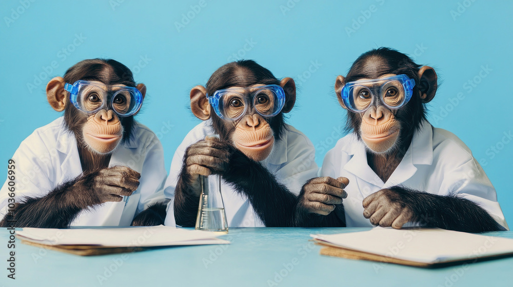 Three chimpanzees in lab coats with chemistry gear