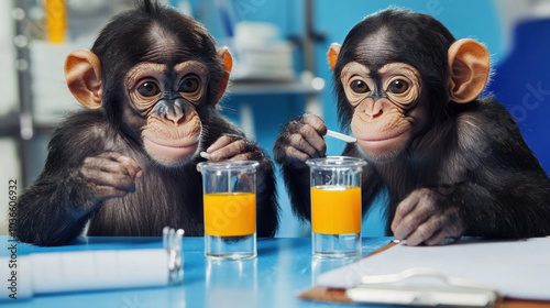 Obraz na płótnie Two chimpanzees in a lab setting enjoying drinks w salonie