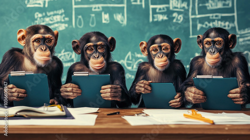 Obraz na płótnie Four playful chimpanzees holding clipboards and notes w salonie