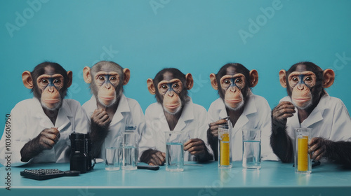 Obraz na płótnie Five chimpanzees in lab coats enjoying a lab session w salonie