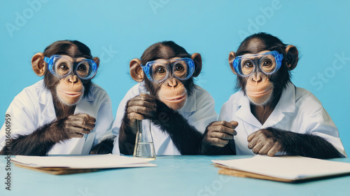 Obraz na płótnie Three chimpanzees in lab coats with chemistry gear w salonie