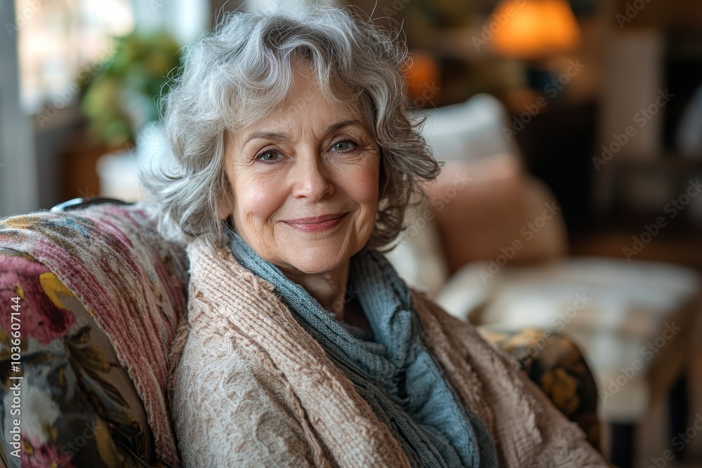 Beautiful senior woman smiling at the camera at home, Generative AI Beautiful senior woman smiling at the camera at home, Generative AI