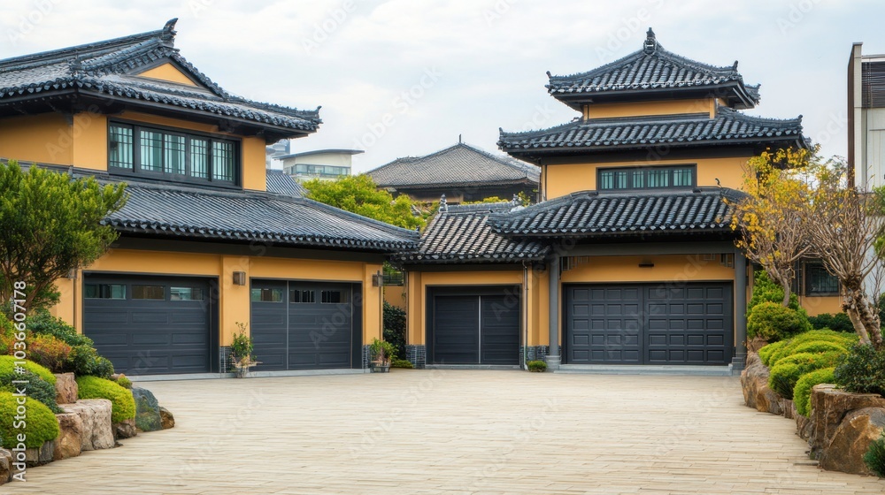 Obraz premium Traditional Chinese-style house with a paved driveway and a beautiful garden.