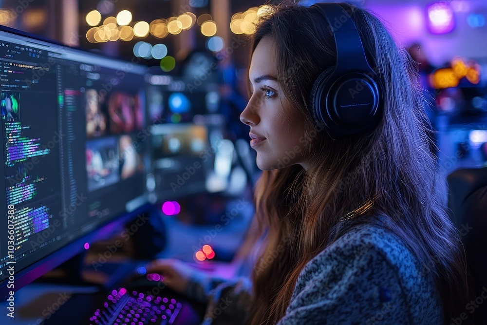 Young female vlogger editing her vlog on computer, Generative AI Young female vlogger editing her vlog on computer, Generative AI