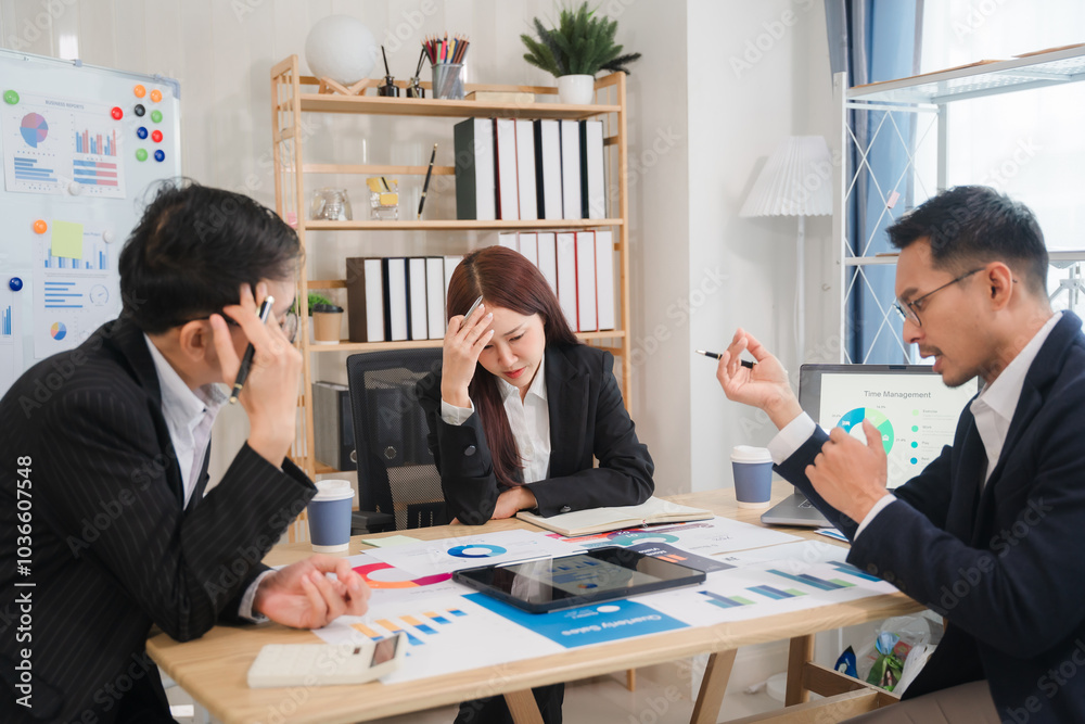 Stressful Business Meeting: A team of three business professionals grapples with challenges during a tense meeting. The image portrays the weight of decision-making and the pressure of deadlines. Stressful Business Meeting: A team of three business professionals grapples with challenges during a tense meeting. The image portrays the weight of decision-making and the pressure of deadlines.