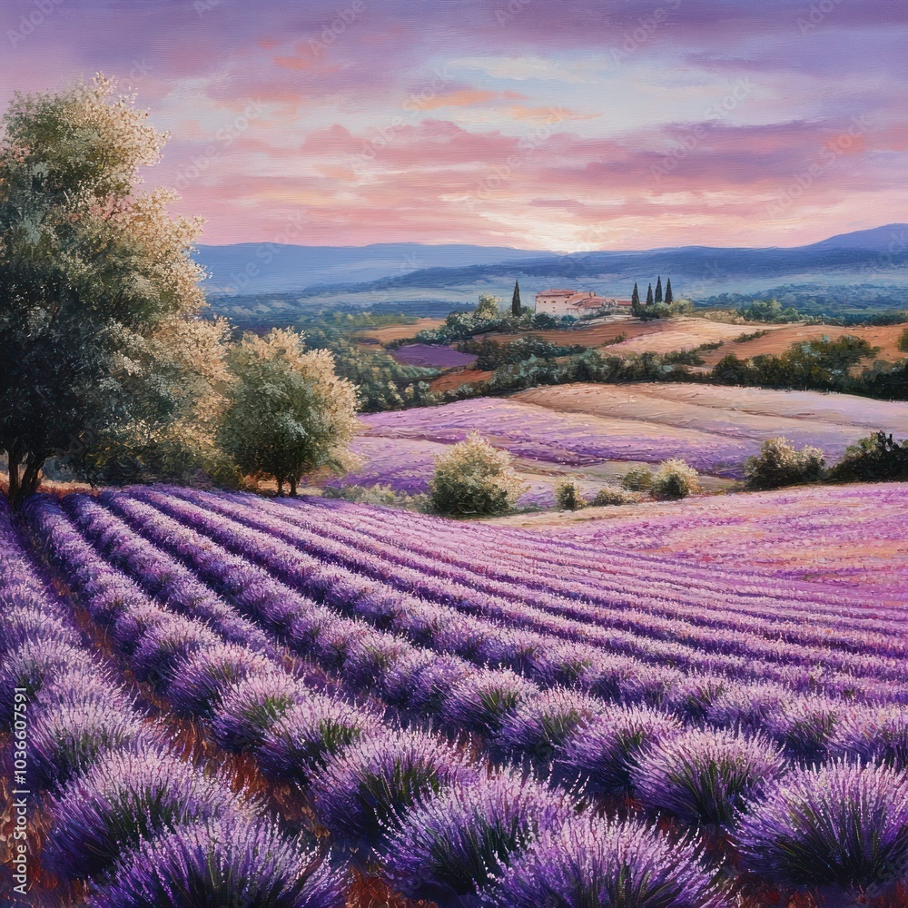 Landscape with lavender fields in bloom Landscape with lavender fields in bloom