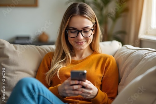 Smiling young woman wearing glasses looking at cell phone doing ecommerce mobile shopping relaxing on sofa in living room. Happy mature young woman using smartphone sitting on couch at home