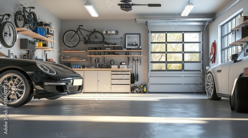 A modern garage interior with two cars, one a black sports car and the other a white car, with a window looking out to a tree line.  photo