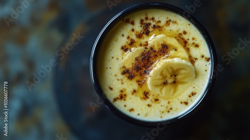 Close-Up of a Banana Smoothie Topped with Sliced Bananas and Cinnamon in a Black Bowl