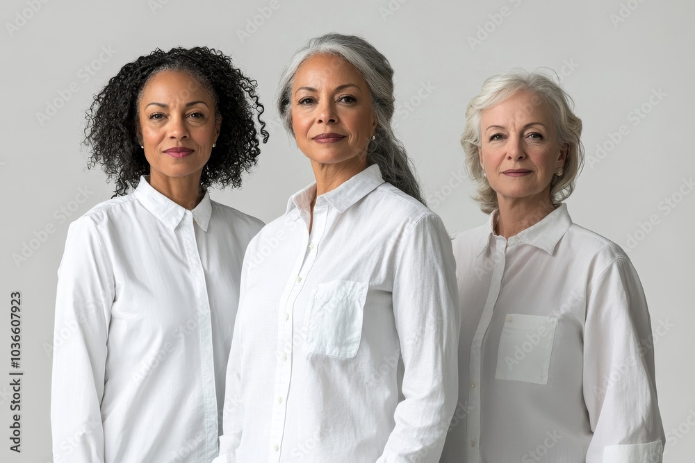 Woman of different ages wearing men's shirts, Generative AI Woman of different ages wearing men's shirts, Generative AI
