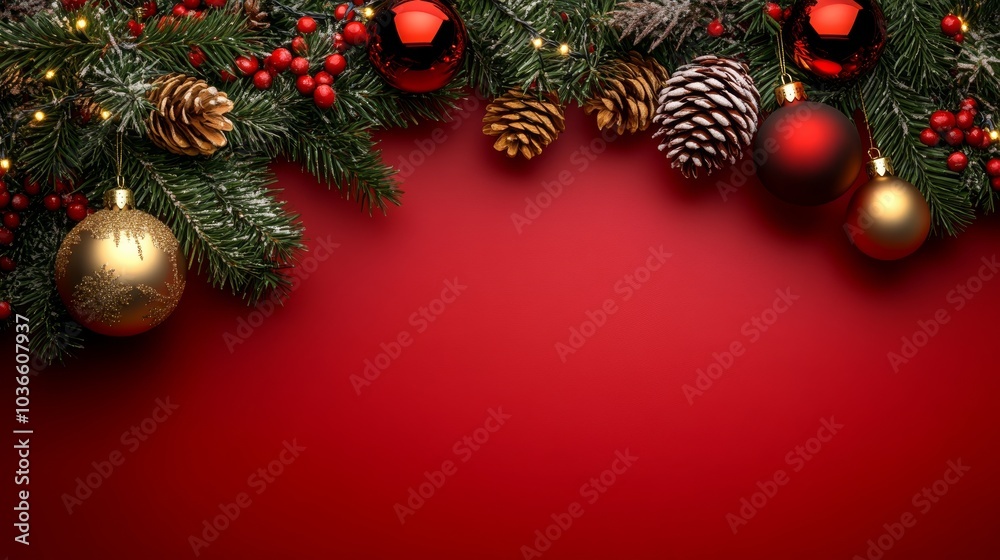 A red background with a bunch of Christmas decorations including gold A red background with a bunch of Christmas decorations including gold