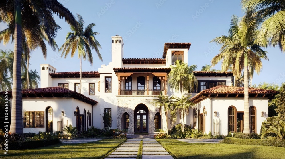 White stucco Mediterranean-style home with terracotta roof tiles, lush landscaping, and palm trees. White stucco Mediterranean-style home with terracotta roof tiles, lush landscaping, and palm trees.