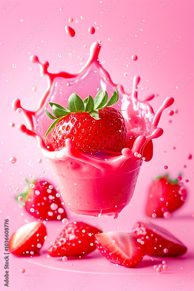 A fresh strawberry makes a colorful splash as it plunges into a swirl of creamy pink liquid, radiating joy and culinary delight with surrounding strawberries A fresh strawberry makes a colorful splash as it plunges into a swirl of creamy pink liquid, radiating joy and culinary delight with surrounding strawberries