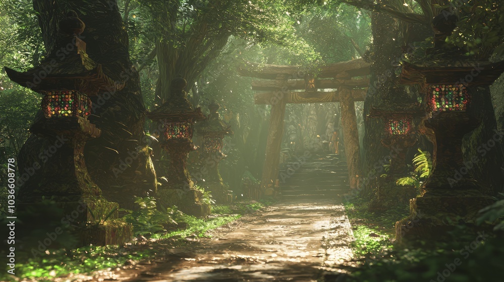 Serene Forest Path in Ancient Japanese Shrine with Colorful Lanterns and Intricate Carvings, Illuminated by Soft Sunlight | Ultra-Detailed Serene Forest Path in Ancient Japanese Shrine with Colorful Lanterns and Intricate Carvings, Illuminated by Soft Sunlight | Ultra-Detailed