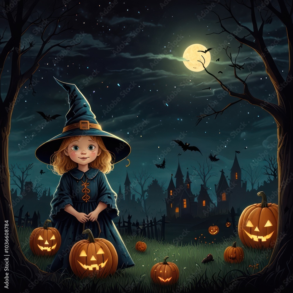 A young girl dressed as a witch stands in a graveyard at night surrounded by pumpkins and bats. A young girl dressed as a witch stands in a graveyard at night surrounded by pumpkins and bats.