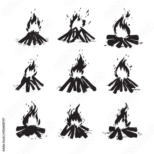 Camping Icons Set Black Silhouettes Mountains Tent Fire