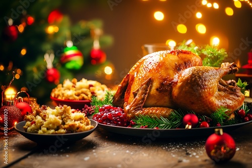 A delicious roast turkey dinner served with stuffing and festive decorations for the holiday season photo