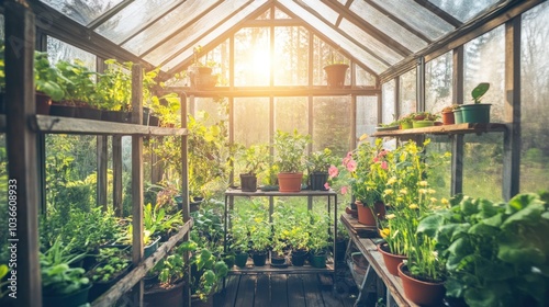 Sun shining through a greenhouse with green plants and flowers.