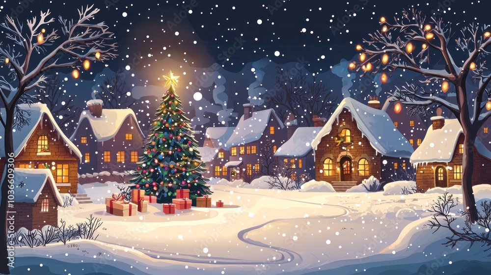 Festive Winter Holiday Scene with Cozy Homes and Christmas Tree Surrounded by Snow - 2D Flat Illustration Festive Winter Holiday Scene with Cozy Homes and Christmas Tree Surrounded by Snow - 2D Flat Illustration