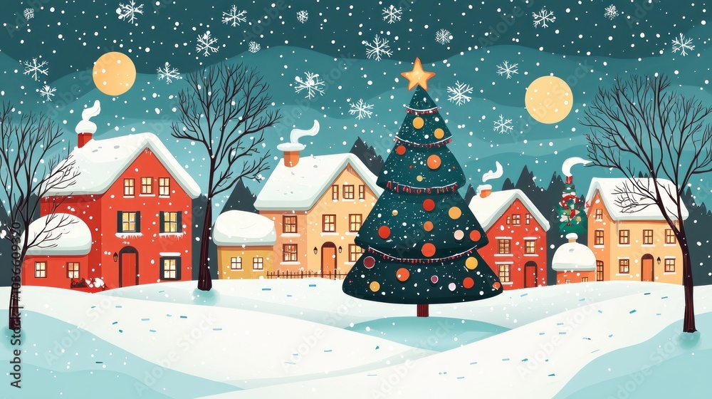 Fototapeta premium Winter Festival Wonderland - Cozy Holiday Scene with Snowy Houses, Merry Lights, and Sparkling Christmas Tree. Copy Space Background.