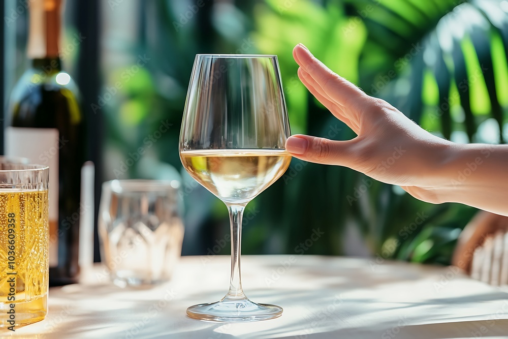 A hand firmly pushing away a glass of white wine at a sunny outdoor dining setting A hand firmly pushing away a glass of white wine at a sunny outdoor dining setting