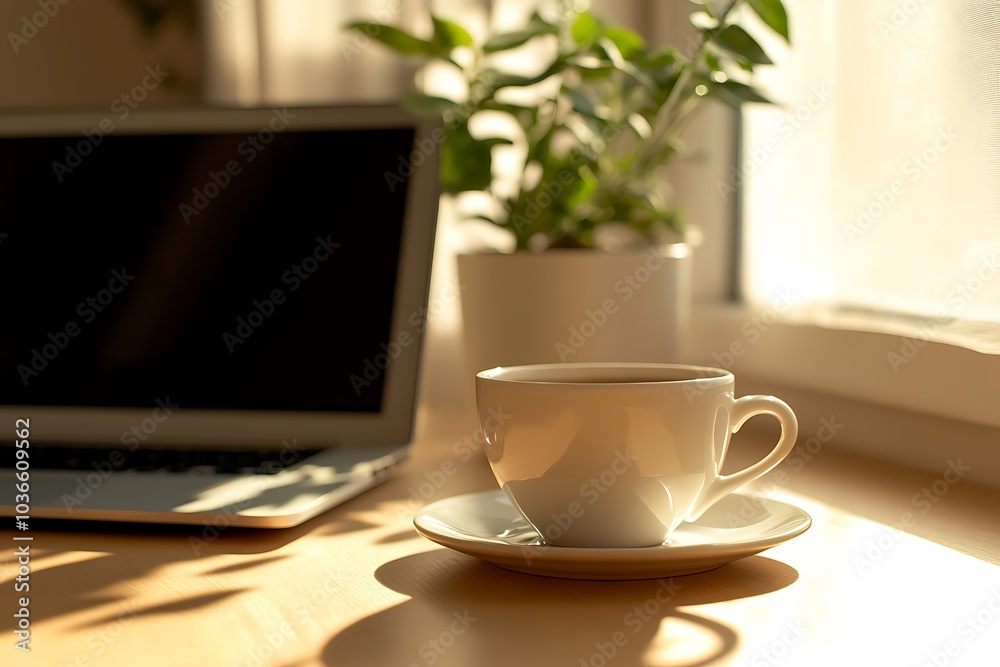 Sunlit Morning Workspace with Coffee Cup and Indoor Plant by Window Sunlit Morning Workspace with Coffee Cup and Indoor Plant by Window