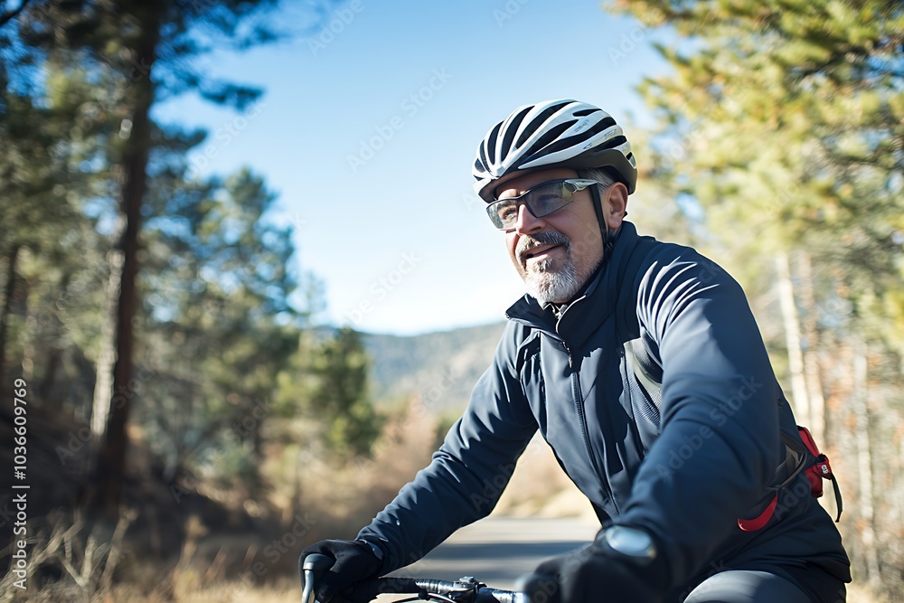 A man cycling along a beautiful trail surrounded by trees on a sunny day A man cycling along a beautiful trail surrounded by trees on a sunny day