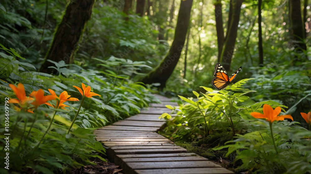 custom made wallpaper toronto digitalSerene Forest Path with Butterfly and Orange Flowers