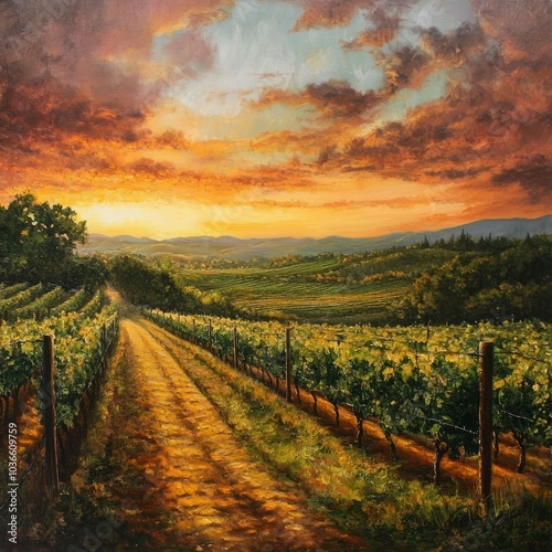 Landscape with vineyard at sunset