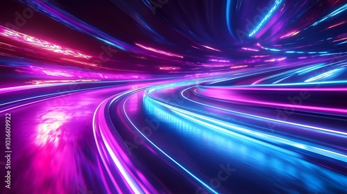 A sleek digital racetrack set in a futuristic landscape illuminated by bright neon lights in shades of blue pink and purple creating a mesmerizing glow