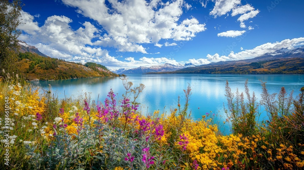 Fototapeta premium Tranquil mountain lake with colorful wildflowers in the foreground and a blue sky with white clouds.