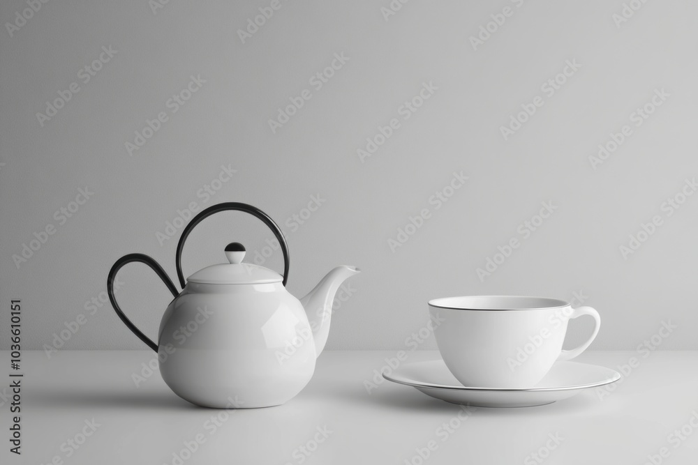 A white tea kettle sits alongside a matching cup and saucer on a smooth surface, inviting a moment of relaxation with tea. Generative AI A white tea kettle sits alongside a matching cup and saucer on a smooth surface, inviting a moment of relaxation with tea. Generative AI