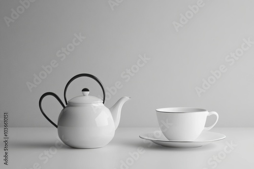 A white tea kettle sits alongside a matching cup and saucer on a smooth surface, inviting a moment of relaxation with tea. Generative AI photo